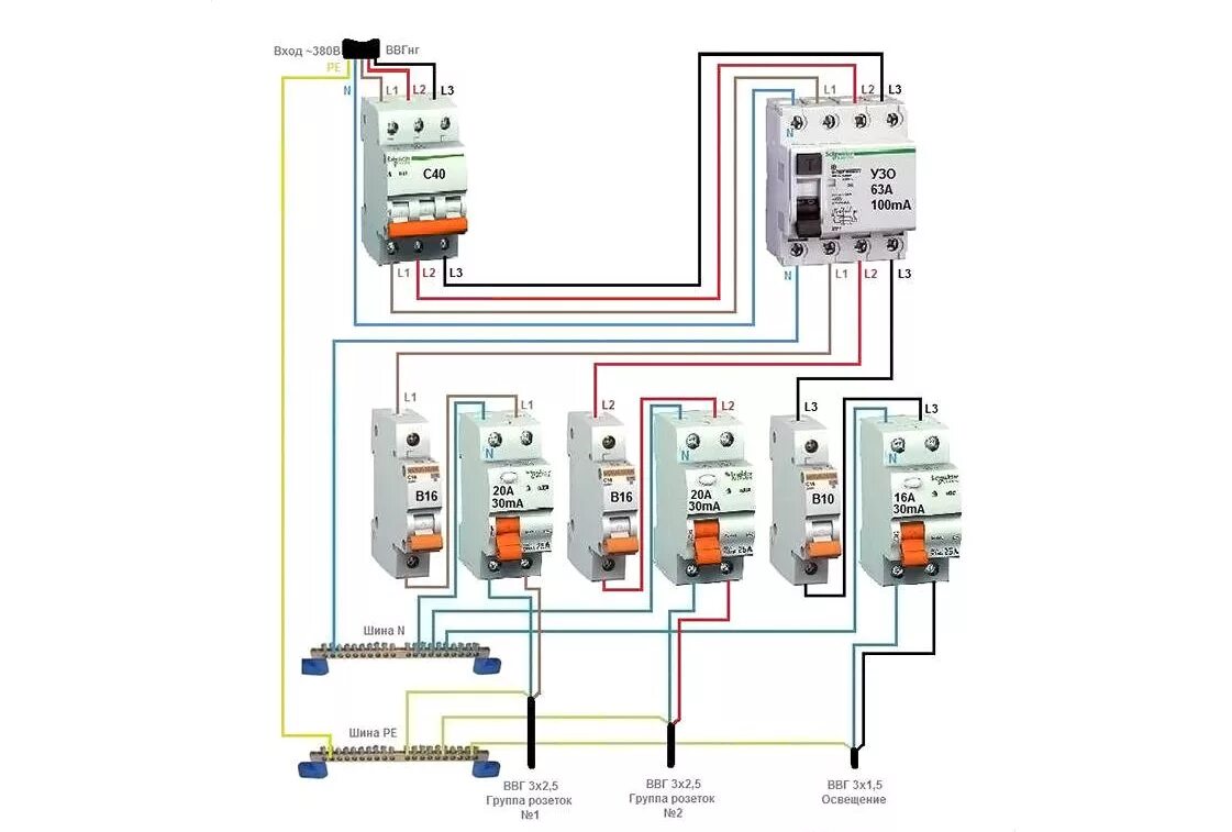 Схема подключения распределительного щита в частном доме 380 в. Схема узо в трехфазной сети с заземлением. Схема подключения вводного автомата и узо 3 фазы. Подключение узо к однофазной сети с заземлением в квартире. Схема подключения узо в однофазной.