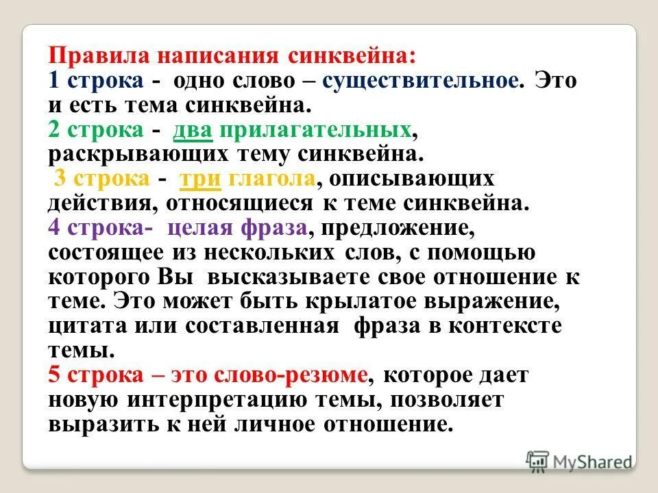порядок составления синквейна. первая строка тема синквейна. 2 прилагательных раскрывающих тему синквейна. 2 прилагательных раскрывающих тему синквейна. синквейн правила составления.