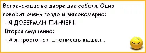 Просто пописать. Анекдот а я так пописать вышел. Анекдот про двух собак. Анекдот а я просто пописить. Анекдот я Доберман пинчер а я просто пописить.