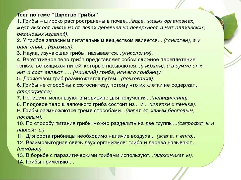 Тест по теме бактерии ответы