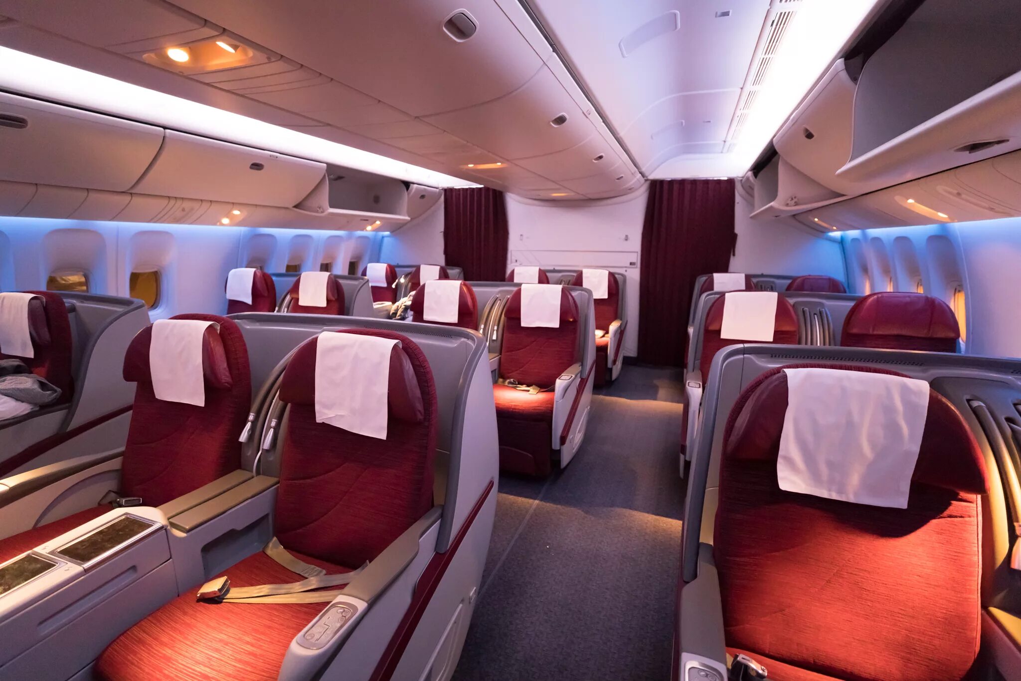 The economy class cabin of a Boeing 777-300 Transaero airlines