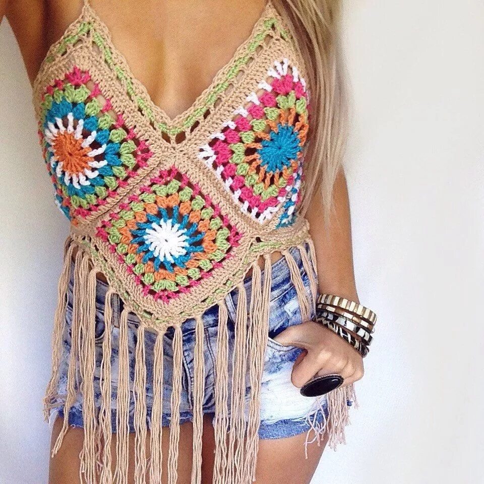 Топ в стиле хиппи. Топ крючком. Бохо топ. Стильная вязаная футболка. Бохо топ.