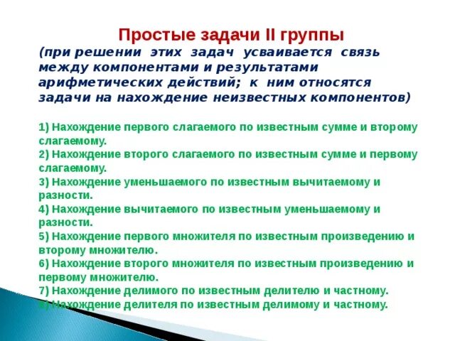 Группы простых задач. Задачи на нахождение неизвестного делимого. Простые задачи. Задачи на нахождение делимого.