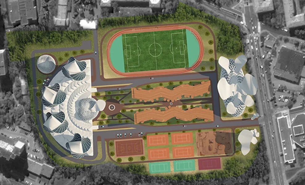 Sporting complex. Sports complex. masterplan of sport complex. спорт комплекс рядом с европой сити. комплекс ееги сверху.