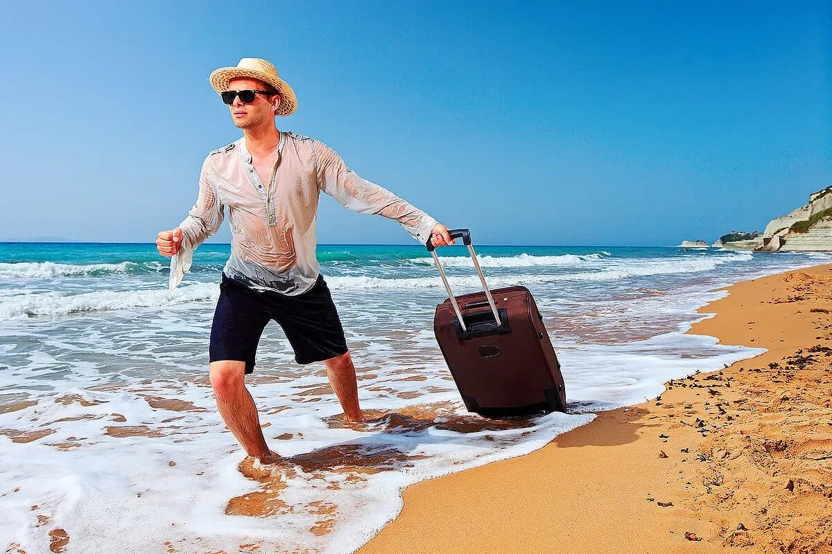 Заграница. Лето отпуск. Туристы на пляже. Море люди с чемоданом. Путешествие летом.