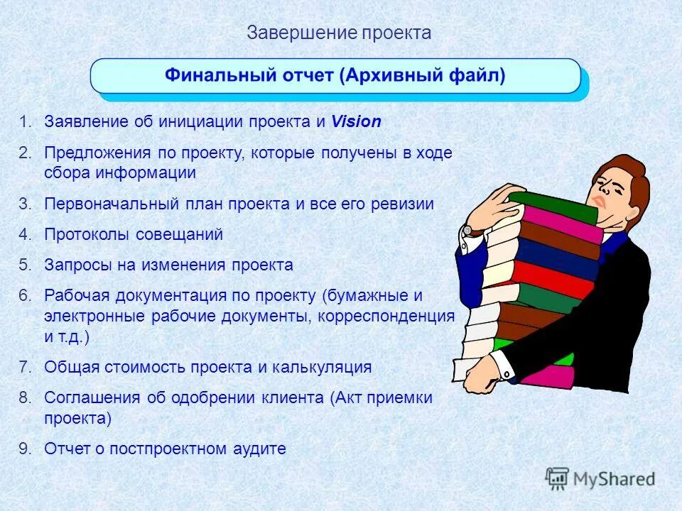 Мероприятия по завершению проекта. Стадия завершения проекта. Административное завершение проекта. Методы завершения проекта. Порядок завершения проектов.