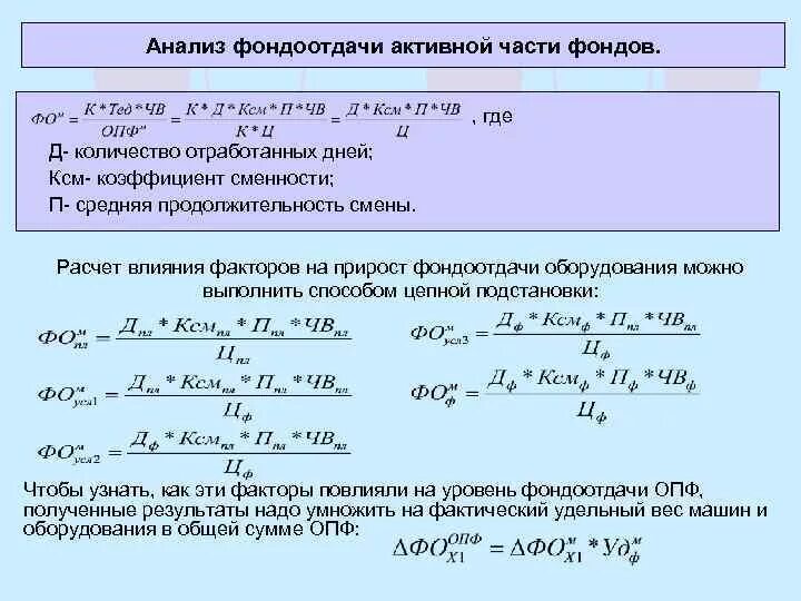 Фондоотдача активной части основных средств формула. Формула фондоотдачи активной части. Формула фондоотдачи оборудования. Фондоотдача активной части основных производственных фондов формула. Влияния факторов на изменение фондоотдачи