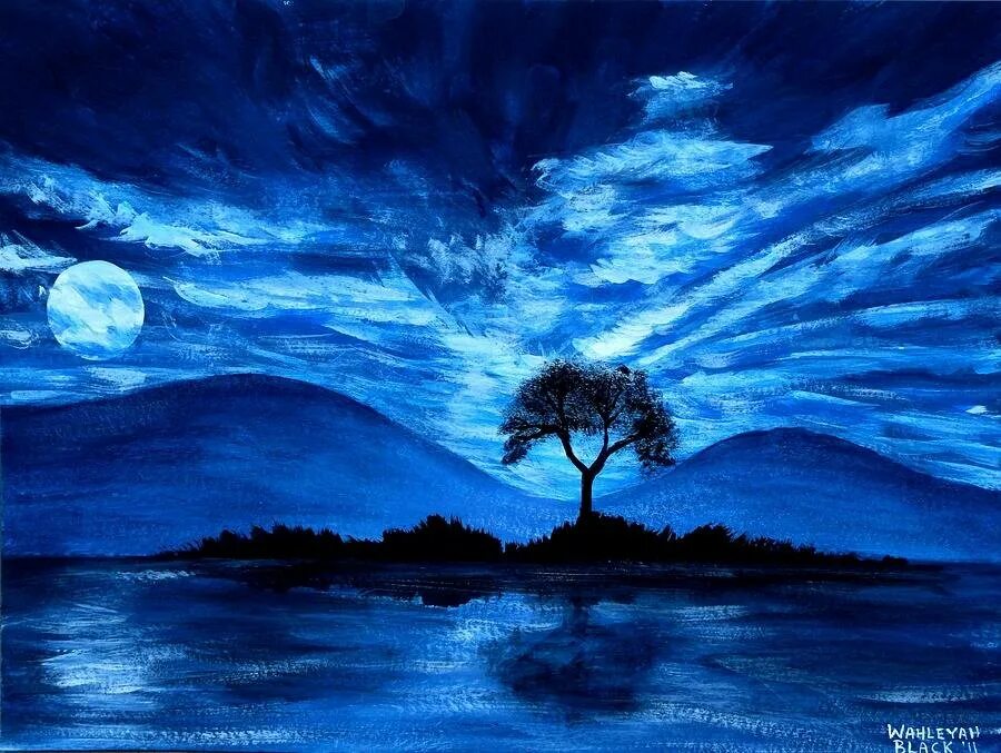 Картина темная луна. Пейзаж в синих тонах. Ночной пейзаж красками. Ночной пейзаж гуашью. Пейзаж ночь.
