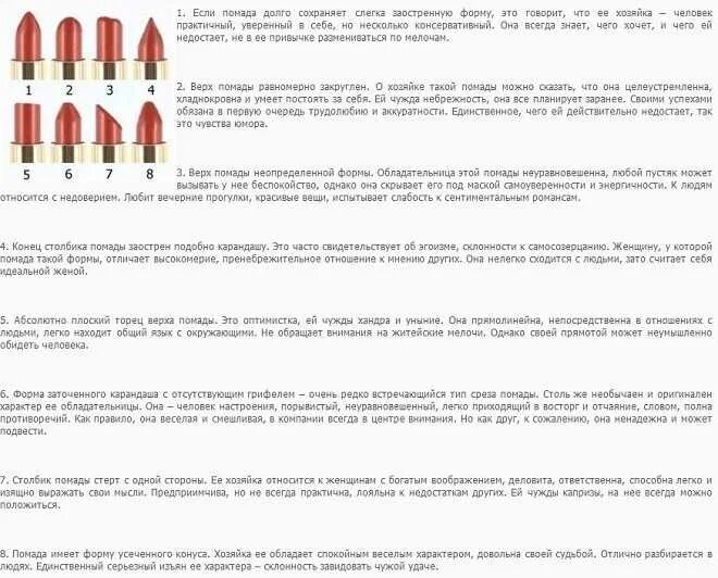 Форма помады и характер. Как по срезу помады определить характер женщины. Характер по срезу губной помады женщины. Характер женщины по форме губной помады.