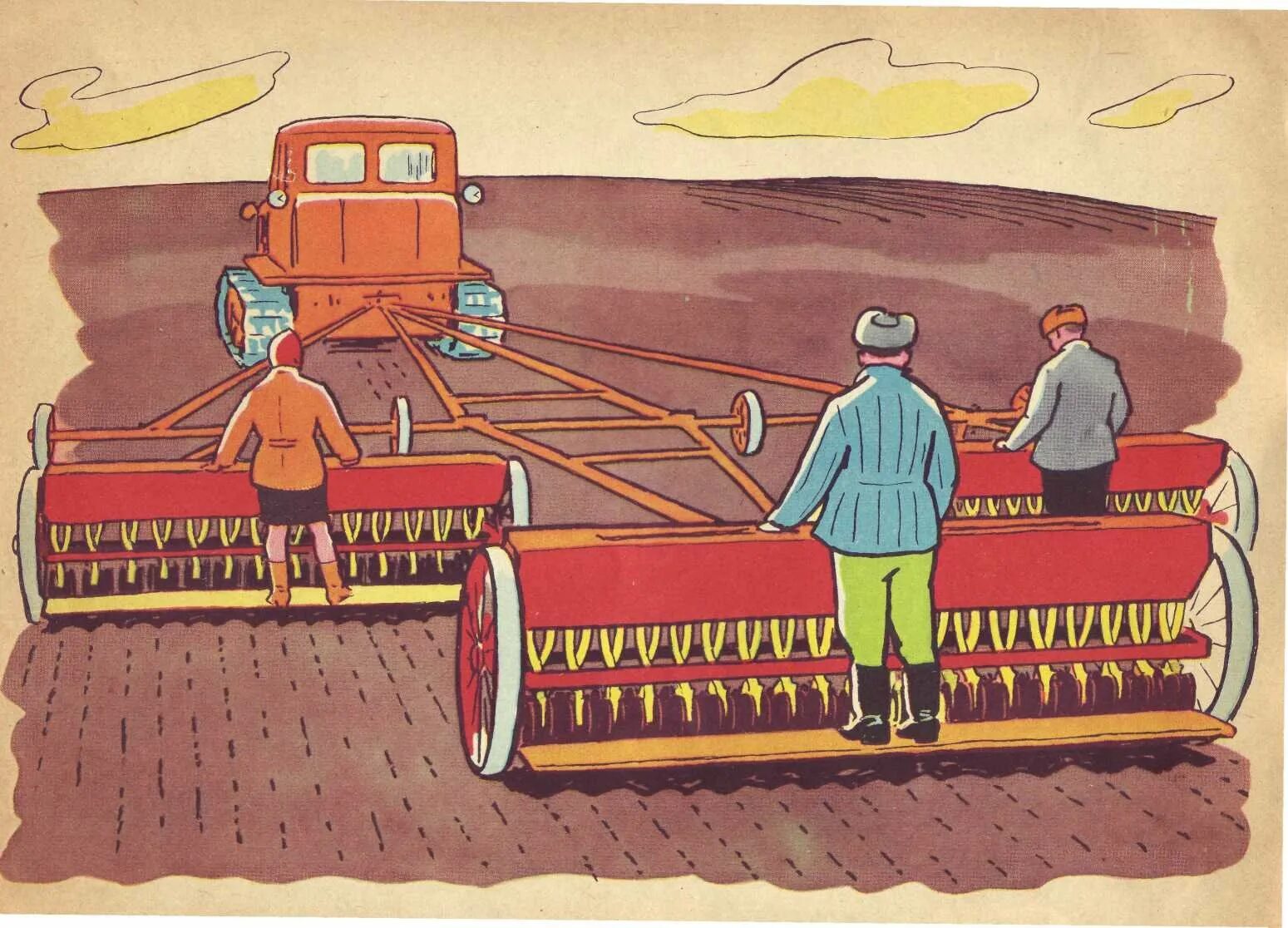 Зерно сеят. Сеялка в поле для детей. Иллюстрации сельскохозяйственные работы. Профессия Хлебороб. Сеют хлеб.