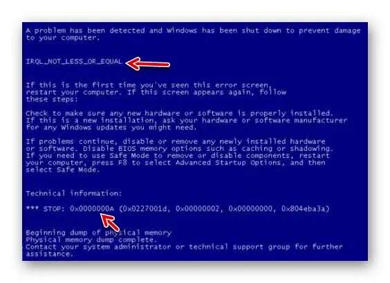 Бсод 0x0000000a. Синий экран смерти Windows 7 0x0000000a. Ошибка IRQL_not_less_or_equal. Синий экран stop 0000001a.