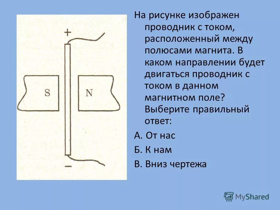 На рисунке 6 изображен проводник с током. Направление тока в проводнике. Магнитный проводник с током. В каком направлении будет двигаться проводник с током. Проводник в поле магнита.