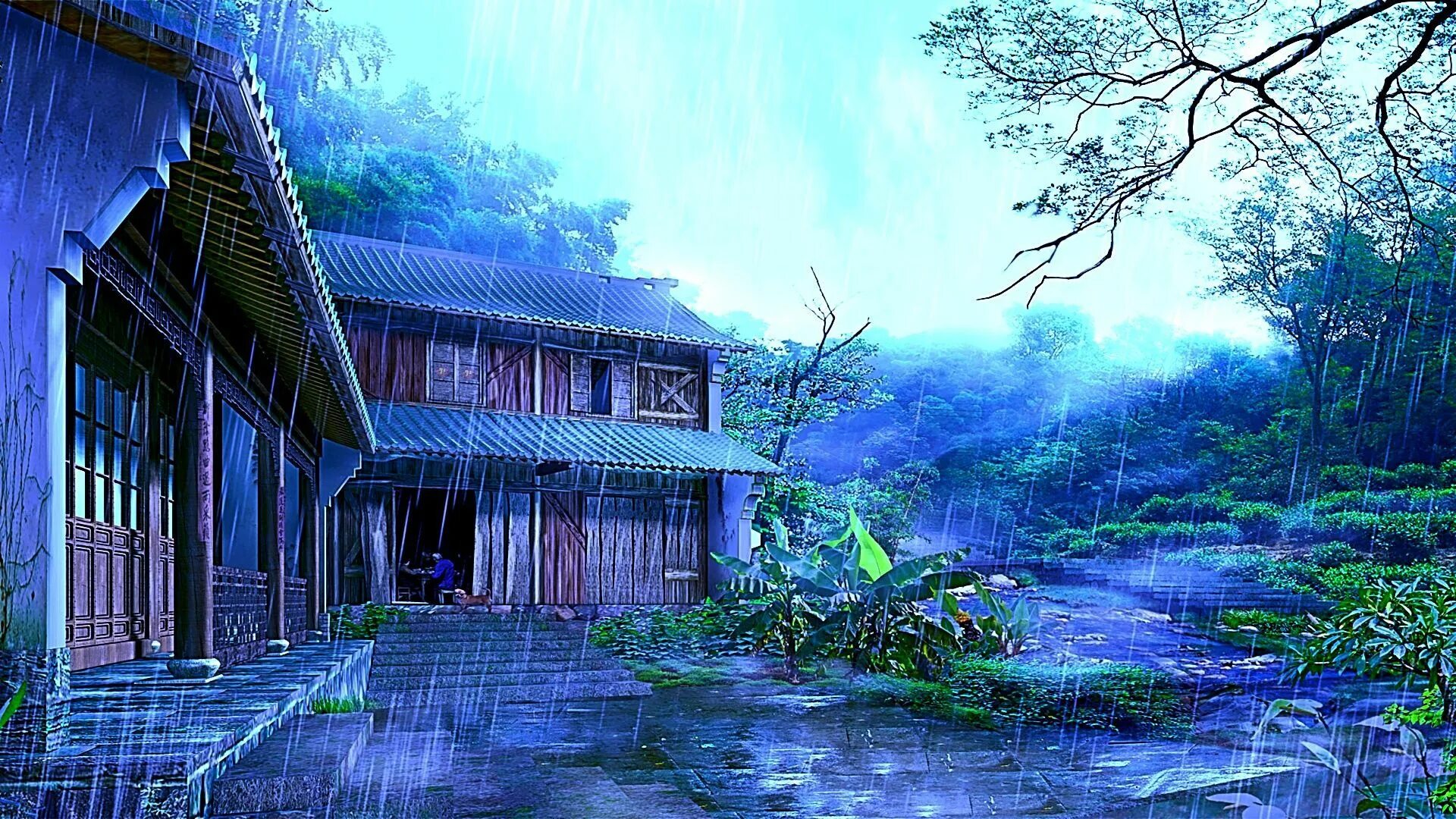 House of rain. Rain House. Rainy Forest House Art.