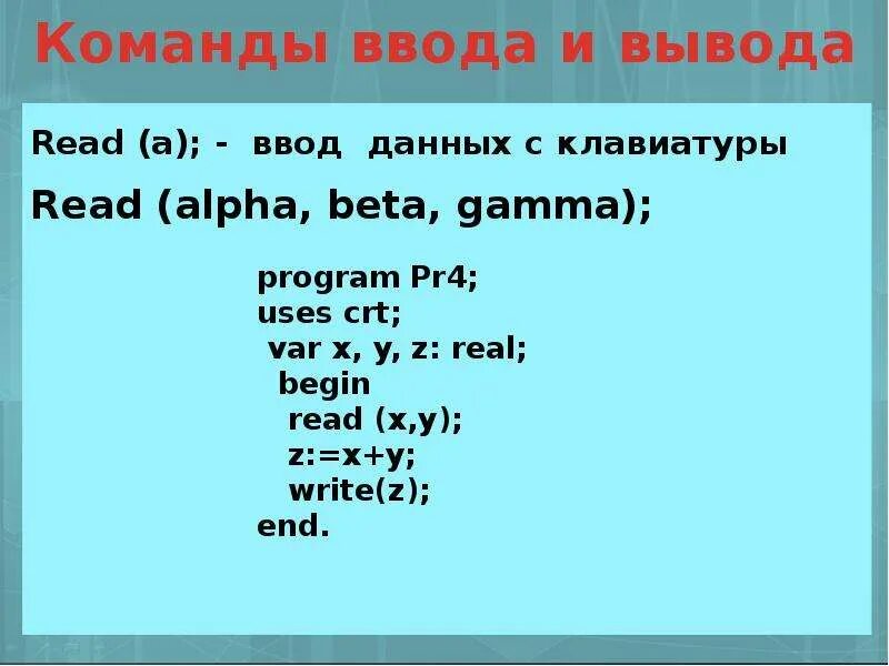 Вывод данных в паскале. Команды ввода и вывода Паскаль. Команда ввода в Паскале. Команда для ввода данных в Паскале. Организация ввода и вывода Паскаля.