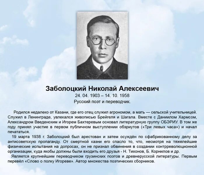 Судьба николая алексеевича. Биография н а Заболоцкого 4 класс. Н. А. Заболотский краткая биография.