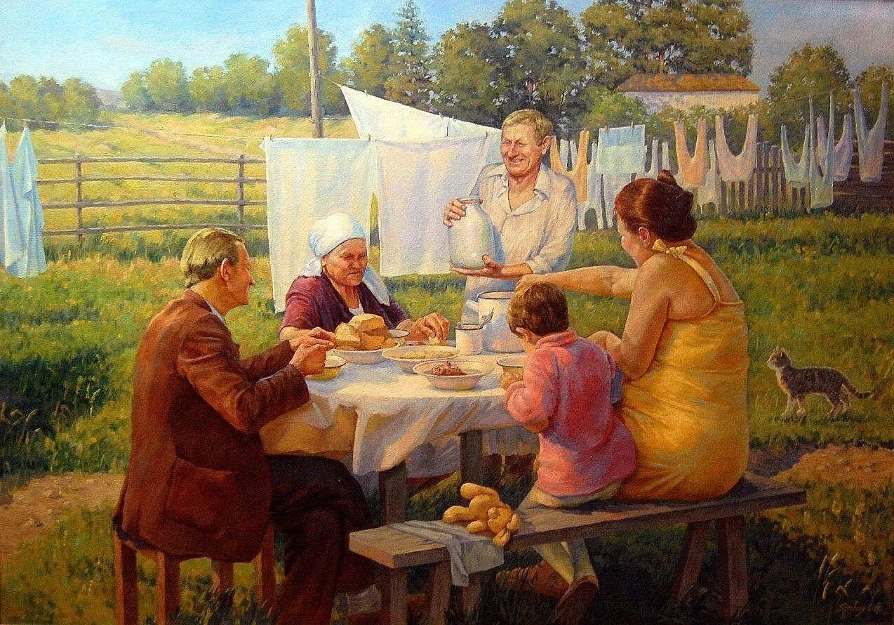 Собираемся на неделю в деревню. Богданов Бельский чаепитие. Живопись Советская семья Луценко.