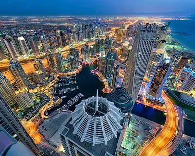 Скачать обои море, побережье, здания, панорама, Дубай, ночной город, Dubai, небо