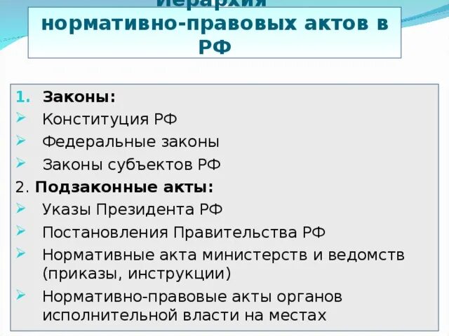 Иерархия законных и подзаконных актов. Иерархия нормативно-правовых актов в РФ. Иерархия нормативных актов. Иерархия подзаконных нормативно правовых актов в России. Подзаконные нормативно правовые акты субъектов