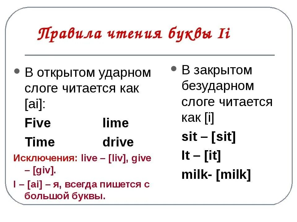 Правила чтения i y в английском языке. Правила чтения английских гласных букв в открытом и закрытом слоге. Правила чтения i в английском языке. Правило чтения буквы i в английском языке. Правила чтения открытый слог