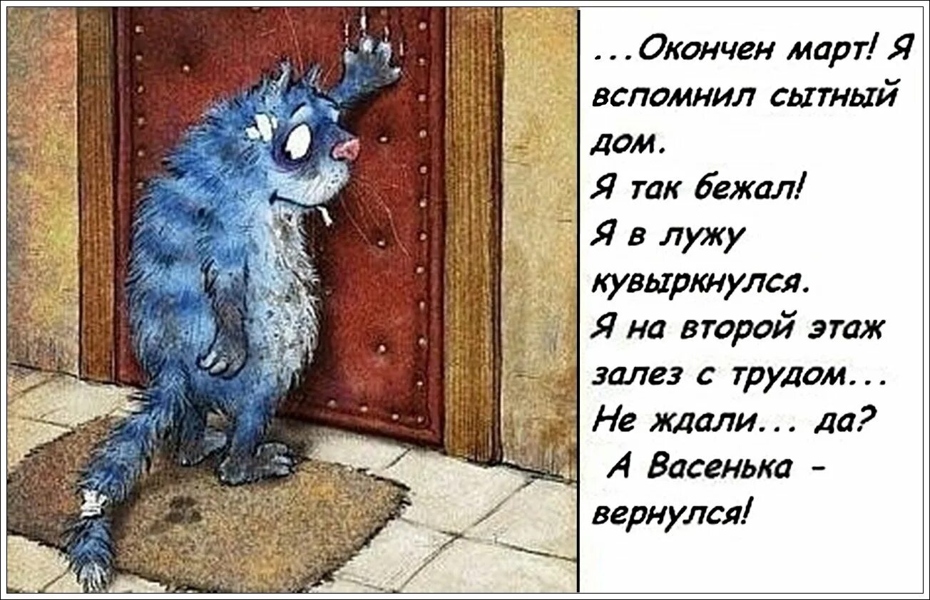 Кот Васенька вернулся. Окончен март Васенька вернулся. Синий кот. Синие коты с надписями смешные. Не жди голодные