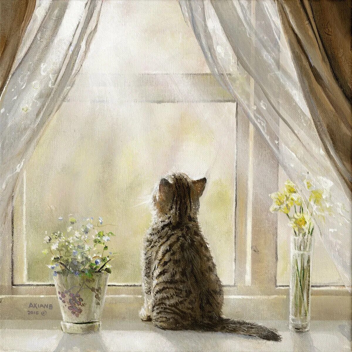 Доброе весеннее утро с котятами. Кошка на окне. Кошка на окне картина.