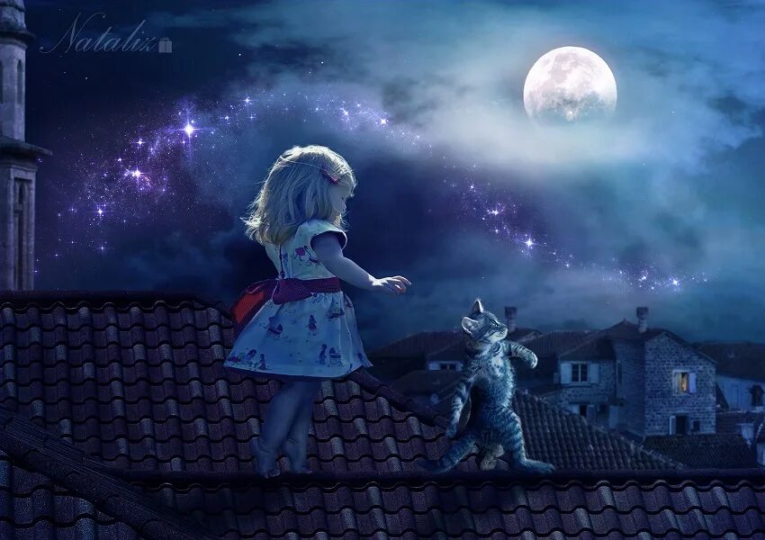 Девочка ночь. Прогулка под луной. Девочка кот Луна. Дети ночью на крыше.
