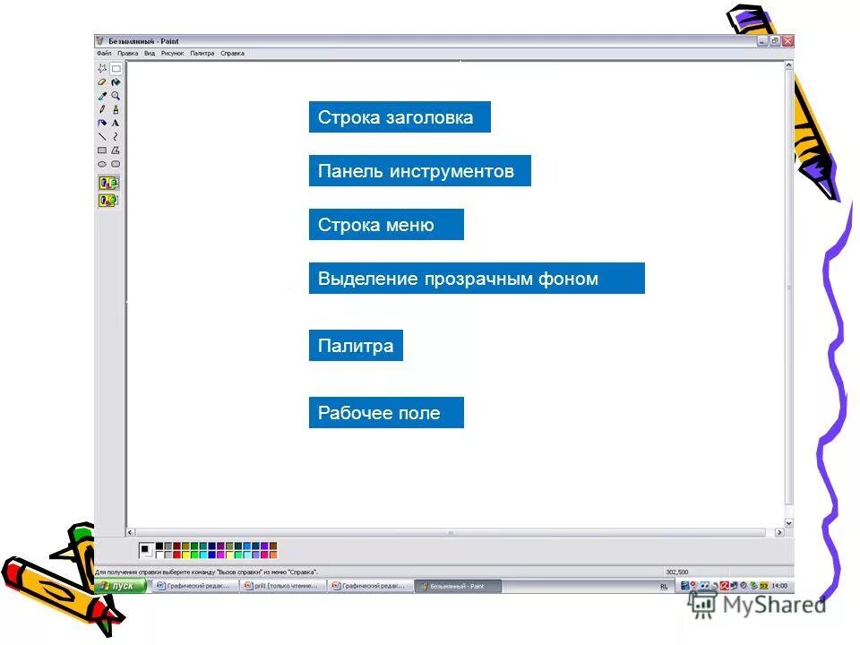 Строка заголовка строка меню. Прикладные программы microsoft paint. Строка меню на компьютере. Кнопки панели инструментов палитра рабочее поле меню. Окно графического редактора.