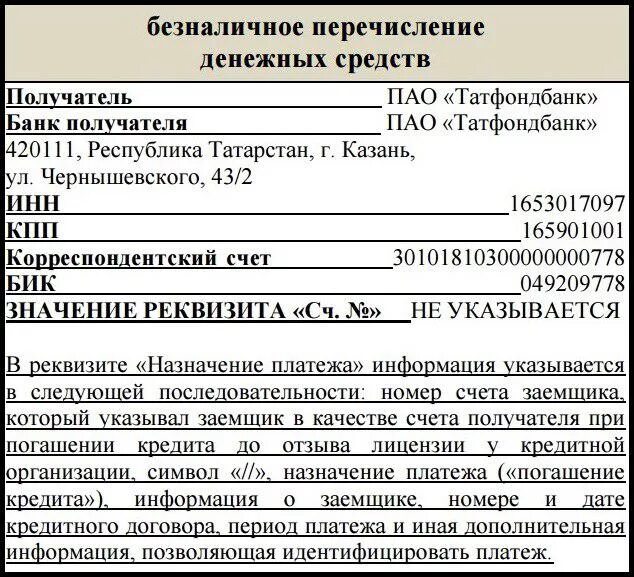 Реквизиты для безналичных перечислений. Заявление в Татфондбанк. Идентификация платежа. Отзыв реквизиты.