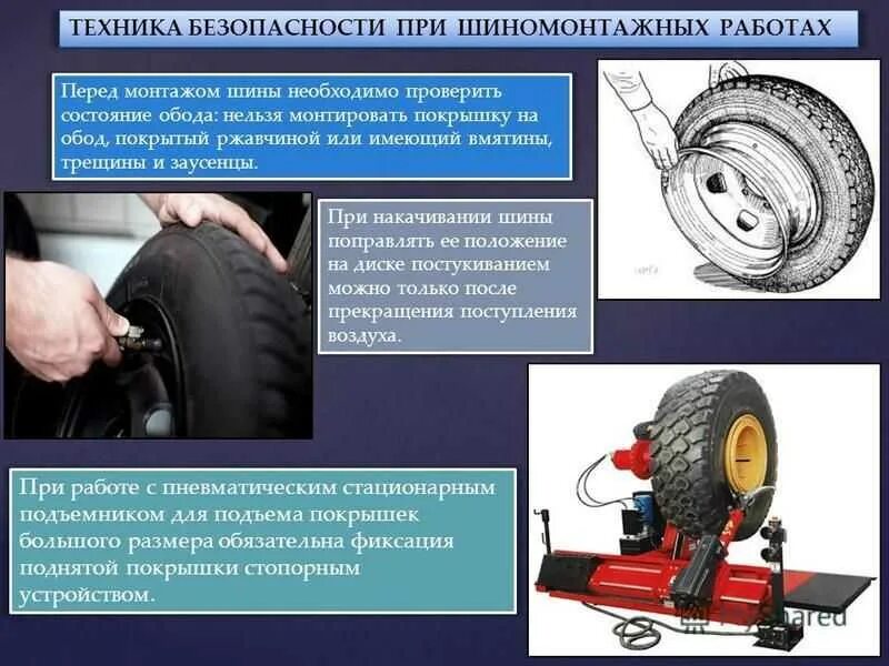 Монтажа и демонтажа шин автомобиля. Техника безопасности при шиномонтажных работах. Требования безопасности к колёсам и шинам. Техника безопасности при накачке шин.