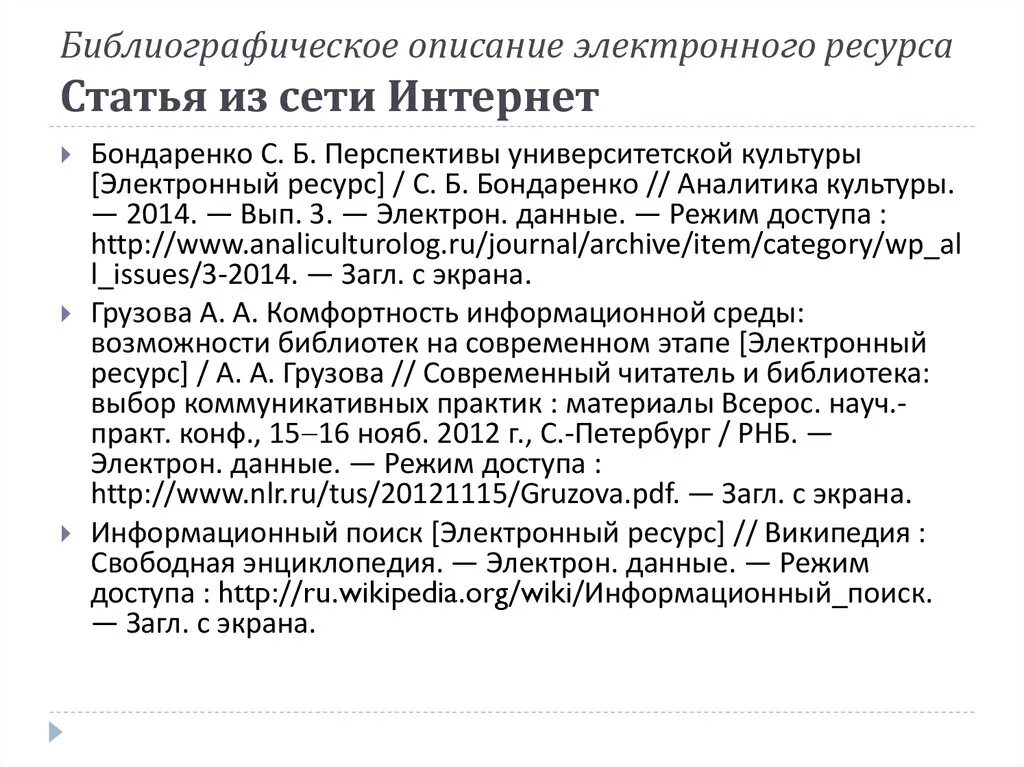 Интернет статья как оформить. Библиографический список интернет ресурсов. Библиографическое описание сайта. Библиографический список статей. Библиография оформление списка литературы.