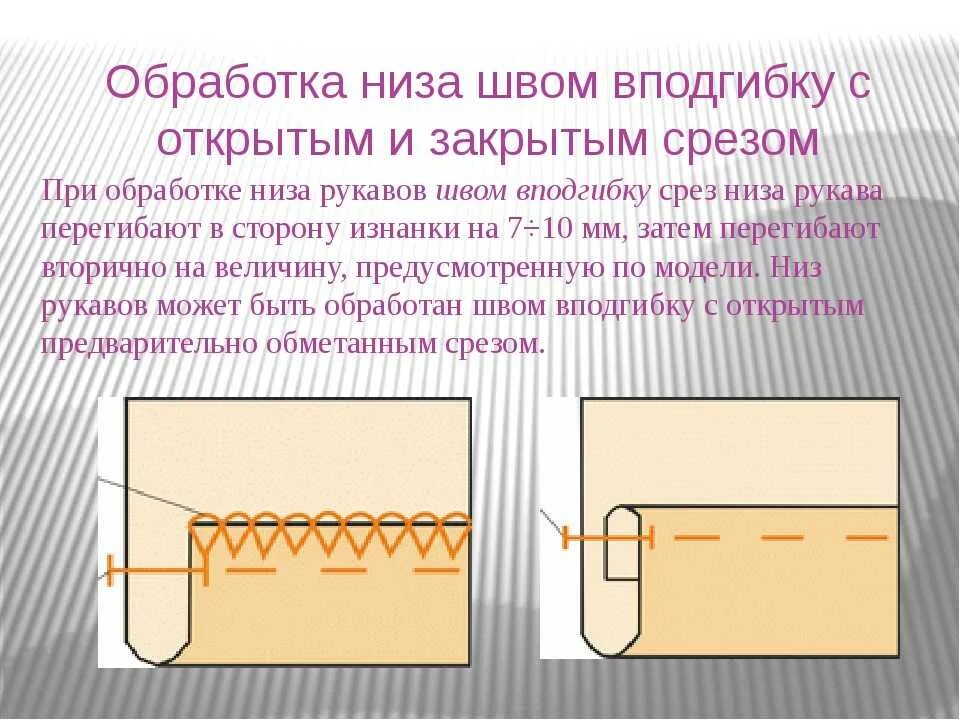 Обработка низа изделия швом вподгибку. Обработка Нижнего среза брюк швом вподгибку с открытым срезом. Обработка низа рукавов (швом в подгибку закрытым срезом). Обработка нижних срезов швом вподгибку с закрытым срезом. Швы для фартука