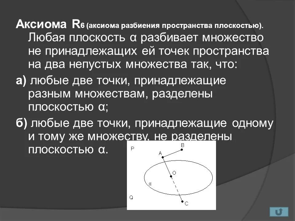 Аксиома разбиения пространства плоскостью. Множество точек плоскости. Задачи на разбиение пространства. Плоскость в пространстве.