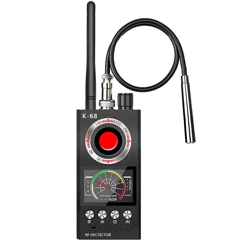 Bug detector. Детектор k18. радиочастотный искатель подслушивающих устройств. детектор жучков и скрытых камер bug detector hunter k68 в руке. антишпионское оборудование.