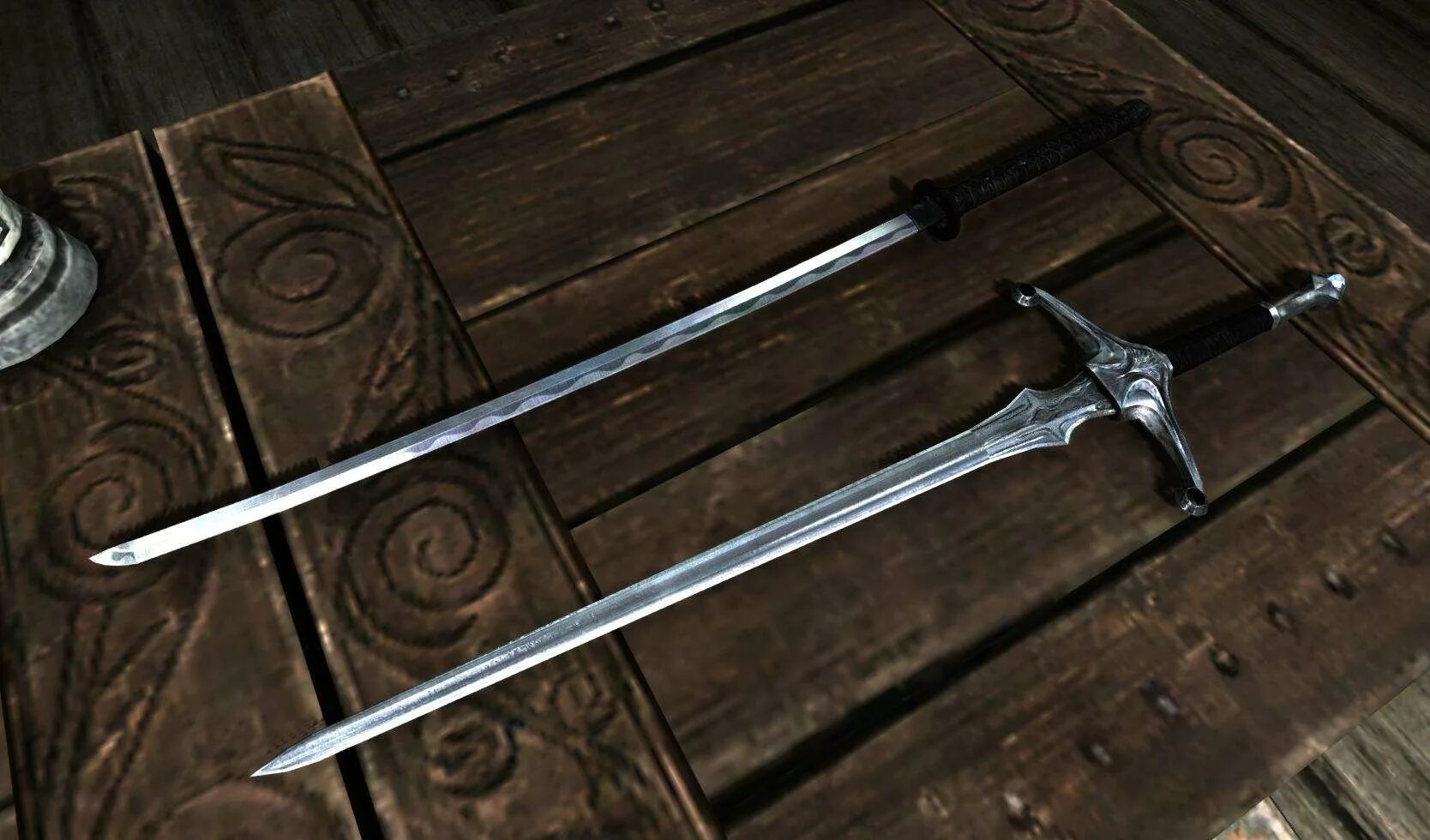 Одноручный серебрянный меч скайрим. Эбонитовый двуручный меч скайрим. Реплейсер стального оружия скайрим. Skyrim стальной двуручный меч.