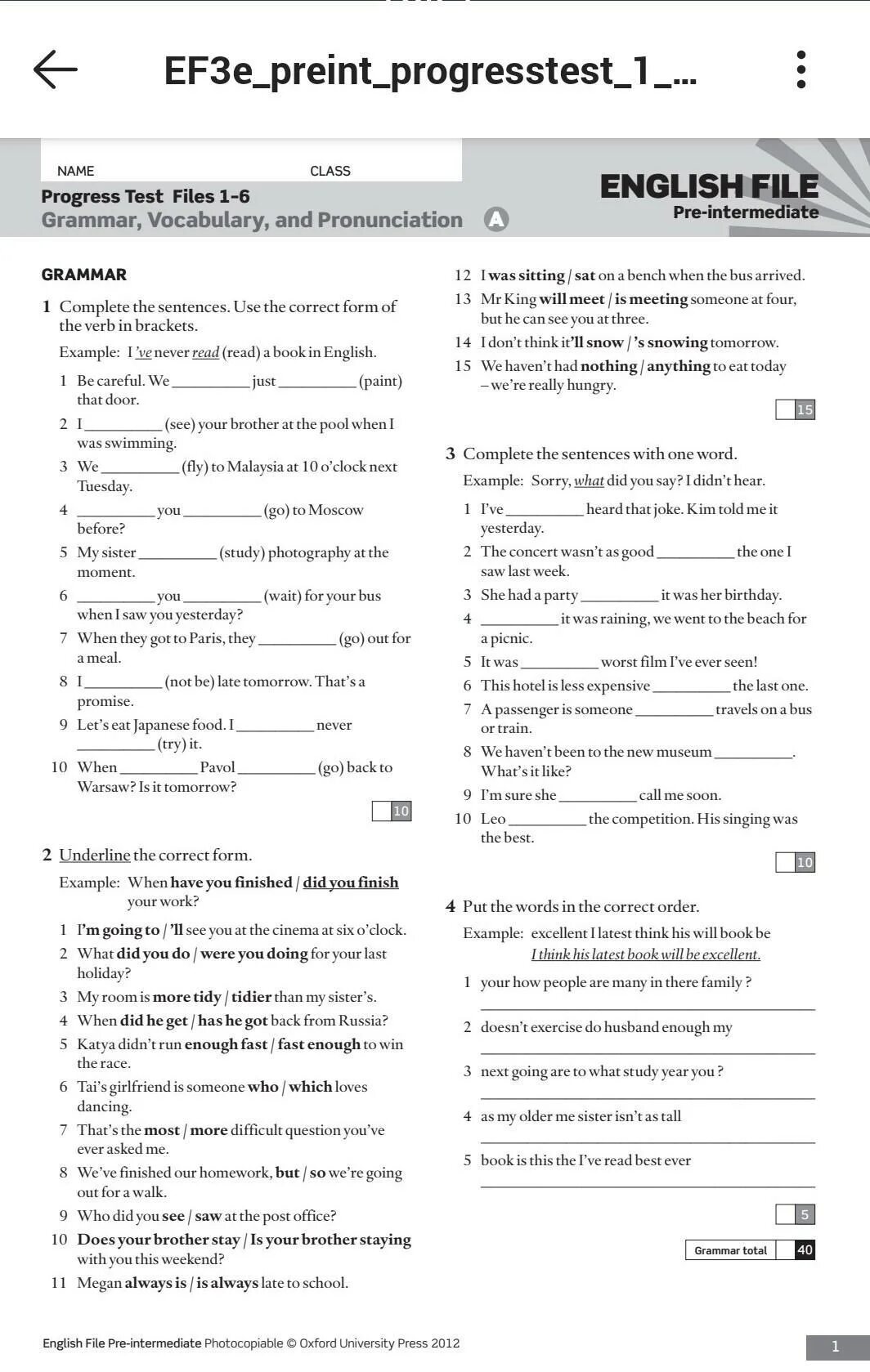 Name test 1. Level test 2a pre-intermediate ответы. тест english file intermediate 1-5. final test english file pre intermediate. quick test english file pre-intermediate.