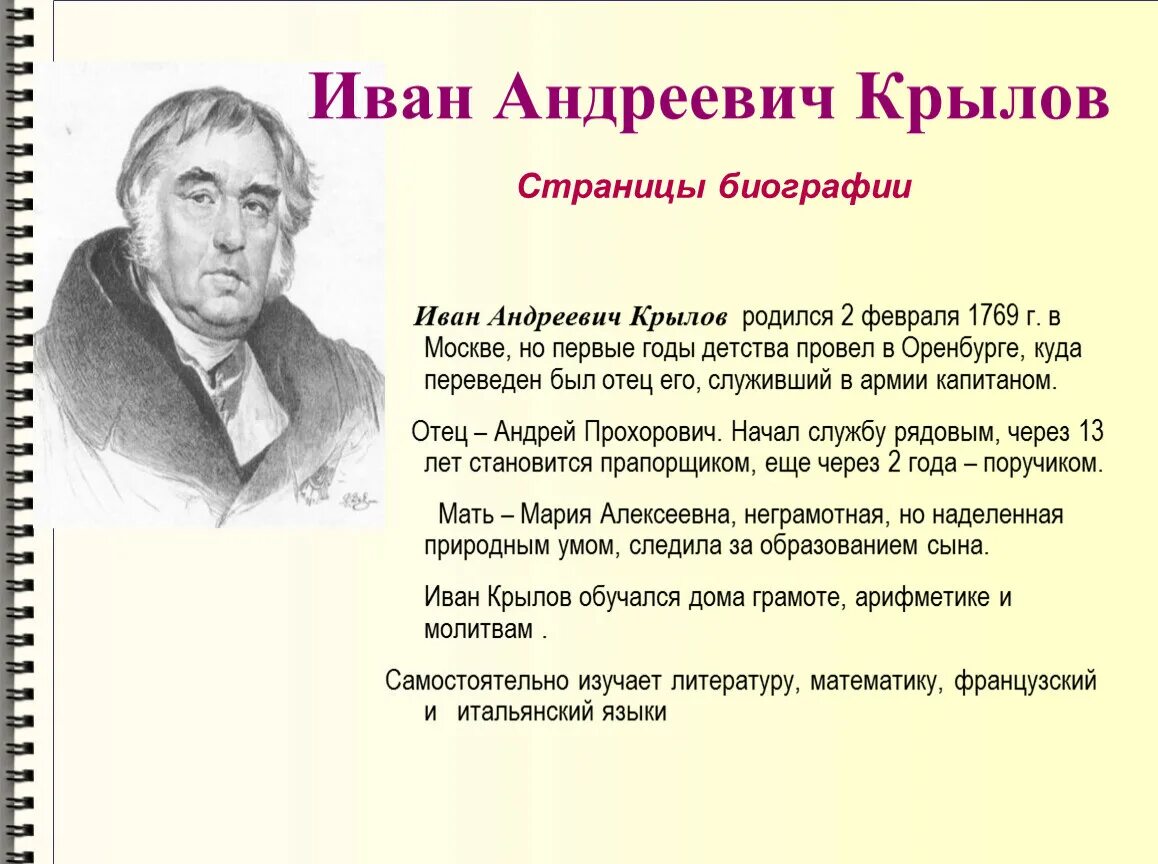 Деятельности крылова. Биография Ивана Андреевича Крылова.