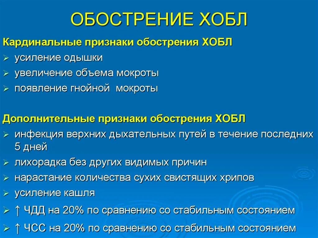 Хроническое обструктивное заболевание. Основные клинические симптомы при ХОБЛ. Хроническая обструктивная болезнь легких (ХОБЛ): клиника. Основные клинические проявления при ХОБЛ. Признаки обострения ХОБЛ.