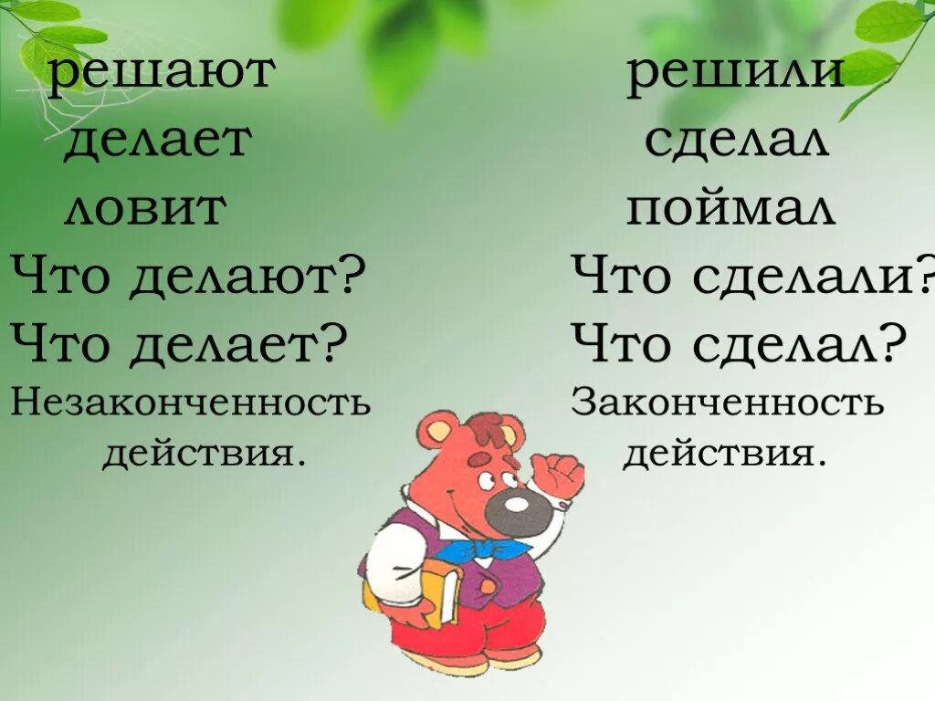 Ловил что делает. Законченность действий. Глаголы законченности действия. Законченность действия примеры. Глаголы начала действия и законченности действия.