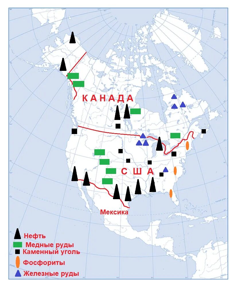 Основные ископаемые сша. Месторождения полезных ископаемых США. Минеральные ресурсы США карта. Полезные ископаемые Канады на карте. Полезные ископаемые США И Канады на карте.