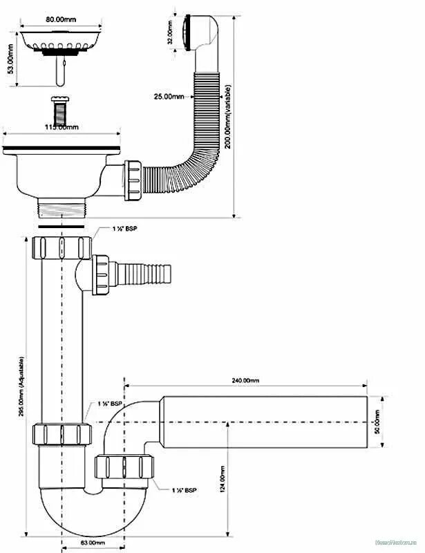 Сифон для мойки GranFest АНИ Грот 3 1/2"x40 двойной, с отводом для стир. машины,