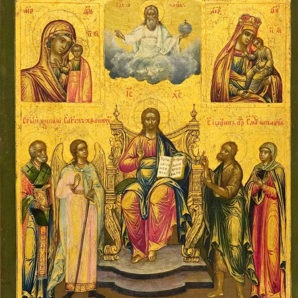 икона распятие с предстоящими 19 век. икона господь вседержитель с апостолами. икона «избранные святые: параскева пятница, варвара и ульяна». Xv в. многофигурная икона святого.