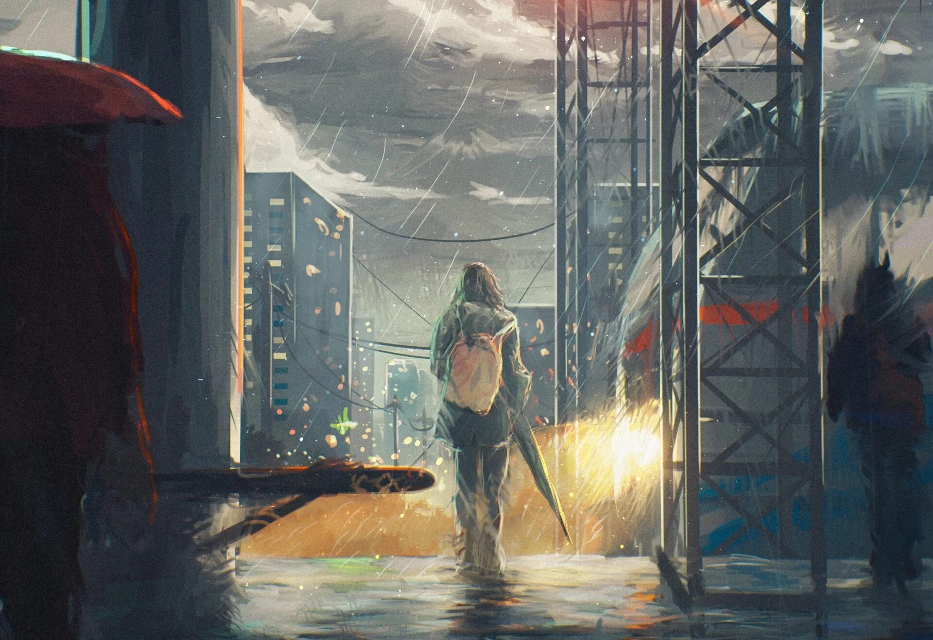 Включи станцию дождь. Человек под дождем арт. Дождь арт. Люди в городе живопись. Одинокий человек в городе арт.