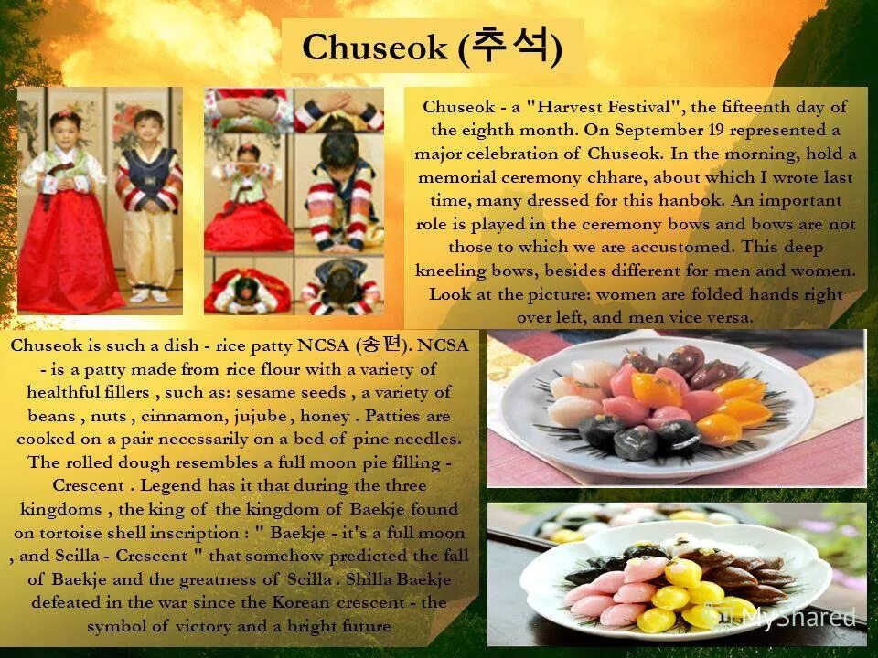Chuseok is the korean harvest moon. Слайд по корейскому на английском. Доклад на тему корейский праздник. Корейский праздник Чусок на английском. Чхусок еда.