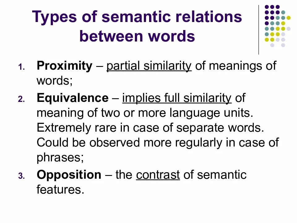 Types of semantic relations. Semantic proximity. Equivalence semantic relations. Semantic Groups of Words.