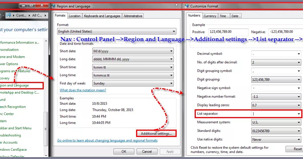 Control Panel Region and language. Сеттинг список. Standard, additional, System.. Settings apps additional.