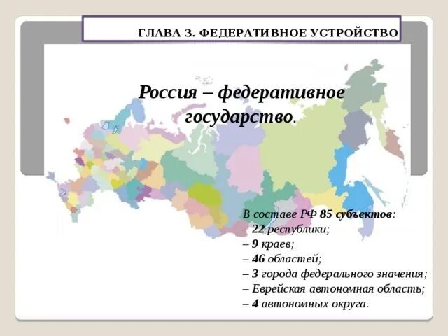 Виды автономных республик. 85 Субъектов РФ 22 Республики. Российская Федерация состоит из 85 субъектов Федерации. Субъекты Российской Федерации Республики и их столицы. 22 Республики 1 автономная область 4 автономных округа России.