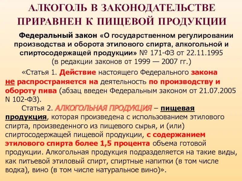 Фз производство и оборот этилового спирта. Алкоголь законодательстве приравнен пищевой продукции. Оборот этилового спирта. Законодательство алкоголь. Законодательство о пьянстве и алкоголизме.