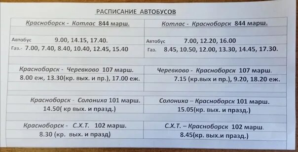 Расписание автобусов котлас красноборск