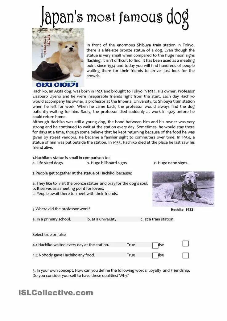 Japans most famous Dog. Worksheets Хатико. Japans most famous Dog ответы на вопросы. Reading Comprehension famous.