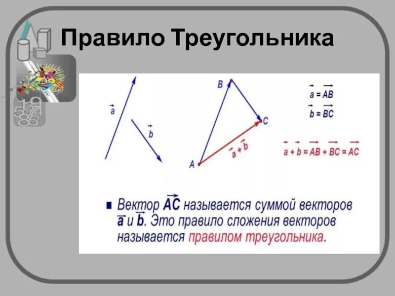 Длина суммы векторов в треугольнике. Сложение и вычитание векторов правило треугольника. Правило треугольника векторы вычитание. Правило треугольника векторы. Сложение векторов правило треугольника.